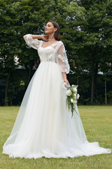 Ivory Puff Sleeves Corset Wedding Dress with 3D Flowers Sweep/Brush Train Dresses