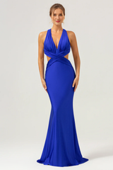 Tail cut pleated backless long royal blue bridesmaid dress