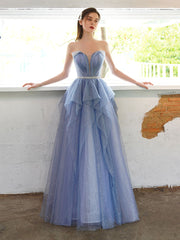 A line sweetheart neck tulle long prom dress, tulle formal evening dress