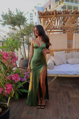 Jimiss V-neck emerald green high slit long dress