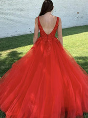 A-line V Neck Red Beaded Lace Long Prom Dresses Formal Evening Ball Gown Wedding Dresses