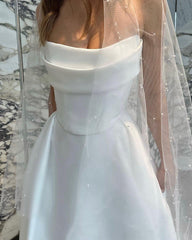 Beach White Satin Wedding Dresses Simple,Split Ivory Bridal Gowns with Train