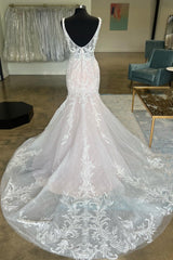 Ivory Appliques Plunge V Trumpet Long Bridal Gown
