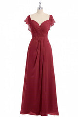 Wine Red Chiffon Backless gegolfde mouw Lange bruidsmeisjurk