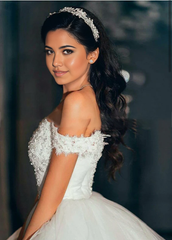 A-line Off-the-Shoulder Sleeveless Beading Ball Gown Wedding Dress with Train