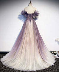 Purple tulle sequin long prom dress purple evening dress