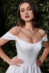 Satin off shoulder and floor length wedding dress