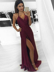 A Line Halter Neck Maroon/Burgundy Long Prom Dress with Slit, Maroon/Burgundy Formal Dress
