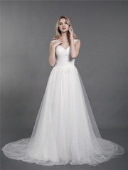 Lace wedding dress with drag and shoulder straps