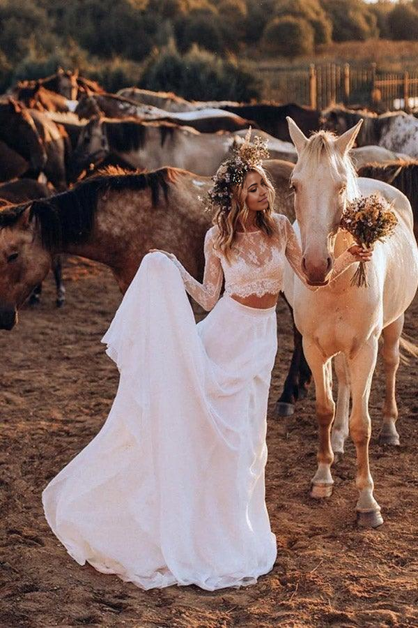 Two Pieces A-line Chiffon Long Sleeves Bridal Gown Wedding Dresses