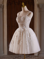 A-Line Sweetheart Neck Tulle Lace Light Champagne Short Prom Dress with Beads