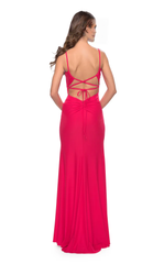 Square neckline sleeveless tight corset with side slits and floor length evening dress