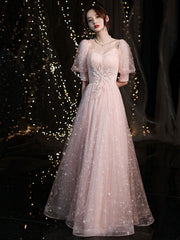 Pink tulle lace long prom dress, pink tulle evening dress