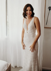 Bohemian Mermaid V-Neck Backless Lace Bridal Gowns wedding Dresses