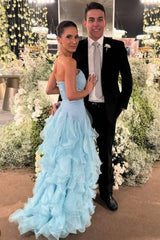 Strapless Ice Blue Ethereal Ruffle A-Line Prom Dress