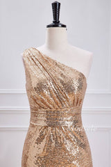 Champagne Sequin One-Shoulder Mermaid Long Dress