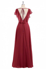 Wine Red Chiffon Backless gegolfde mouw Lange bruidsmeisjurk