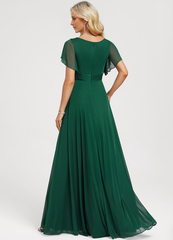 Ruffled A-line V-neck Floor-length Mesh Bridesmaids Dress