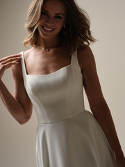 A-line thin shoulder strap crepe backless and floor length wedding dress