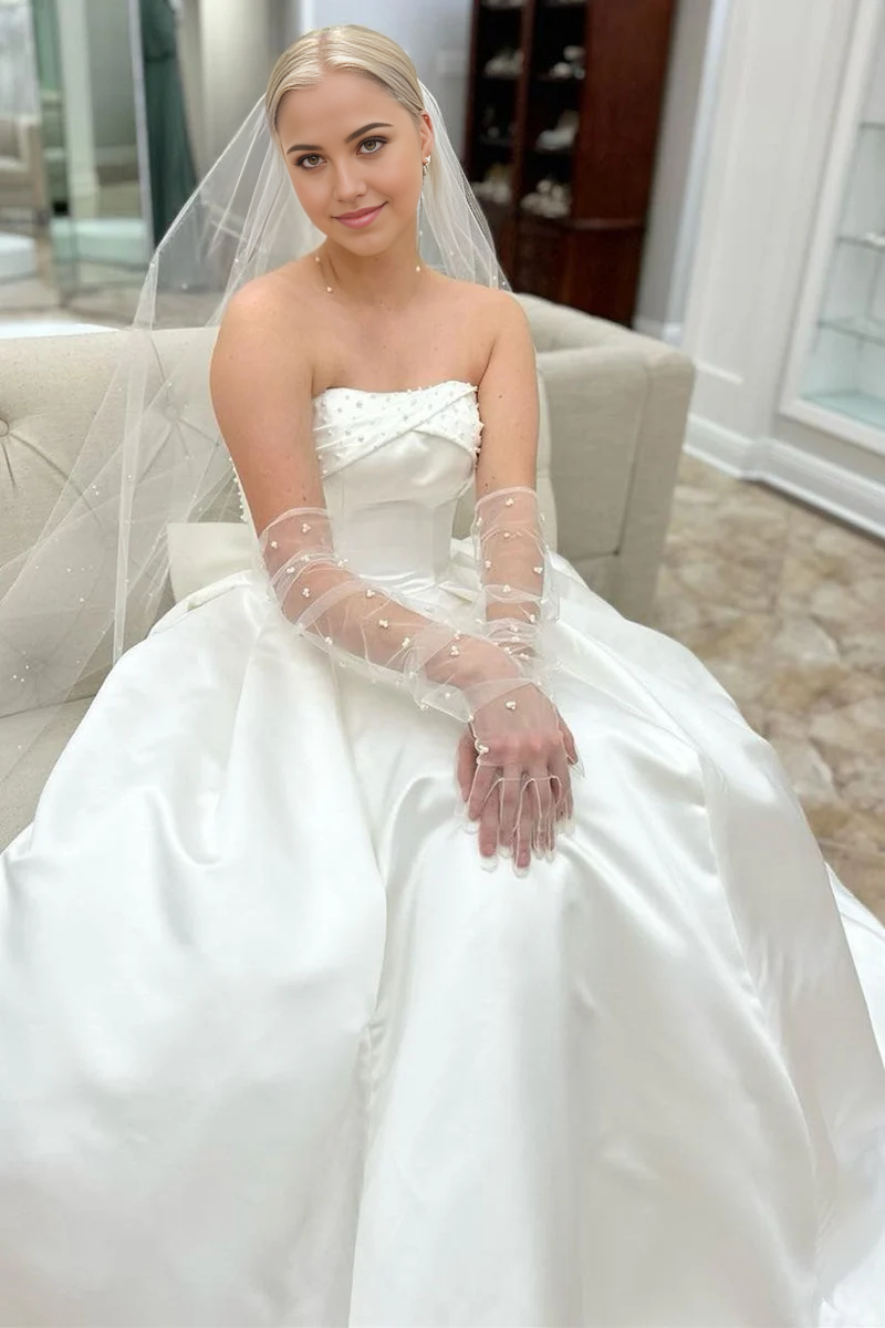 A-Line Strapless Bow-Back Pearls Wedding Dress