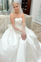A-Line Strapless Bow-Back Pearls Wedding Dress