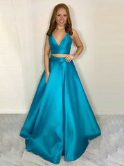 Red Satin Two Piece Spaghetti Straps Prom Dress with Pleats