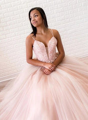 Cross Straps Back Long Blue Appliques A-Line V-neck tulle Prom Dress