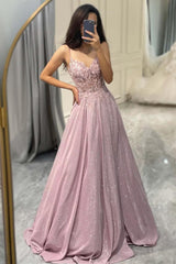Satin Prom Dresses Long Spaghetti Straps Lace Applique Evening Party Gowns
