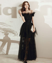 Black tulle lace long prom dress black tulle lace evening dress