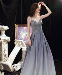 Blue sweetheart satin lace gradient long prom dress