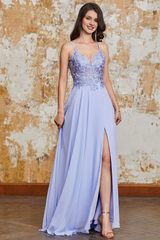 Lavender Purple A-line Thin Shoulder Strap Cross Back Long slit Evening Dress