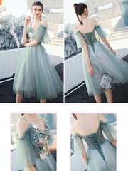 Green v neck tulle lace short prom dress green homecoming dress