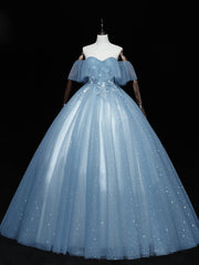 Gray blue tulle lace long prom dress, gray blue tulle evening dress