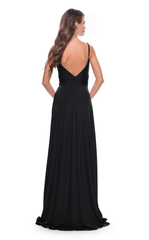 A-line deep V-neck thin shoulder strap exposed back side slit and floor length evening dress