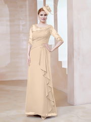 Low round lace neckline with ruffled edges, tight fitting mother of the bride dress