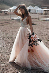 A-line V-neck Sparkle Beading Backless Bridal Gowns Wedding Dresses