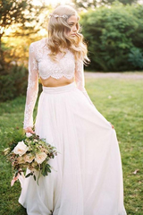 Two Piece A Line Round Neck Long Sleeves Lace Beach Wedding Dresses