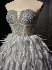 Gray Sweetheart Neck Tulle Beads Feather Short Prom Dress, Cute Gray Homecoming Dress