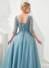Blue Glittering Puffy Ball Gown Prom Dress With Beadings