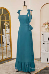 Emerald Tie Strap Ruffle Long Bridesmaid Dress