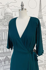 Wrap v nek mouwen chiffon lange bruidsmeisje jurk met vleugel