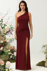 Wine red slit fish tail one shoulder chiffon bridesmaid dress