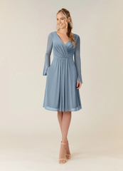 A-Line V-Neck Long Sleeve Pleated Dusty Blue formal dresses evening dress Mother of the Bride Dresses