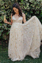 Sequined Star Applique Tulle V-neck A-ine Popular Prom Dresses, CP0689