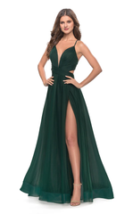 A-line V-neckline sleeveless back strap high slit and floor length evening dress