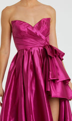 Jimiss off shoulder strapless pleated side slit and floor length evening dress