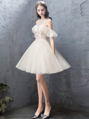 Cute champagne tulle short prom dress, tulle homecoming dress