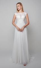 Chiffon A-line scallop shaped illusion lace tight corset and floor length wedding dresses