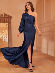 One shoulder twisted pleat front slit and floor length Prom Dress - LD Dress