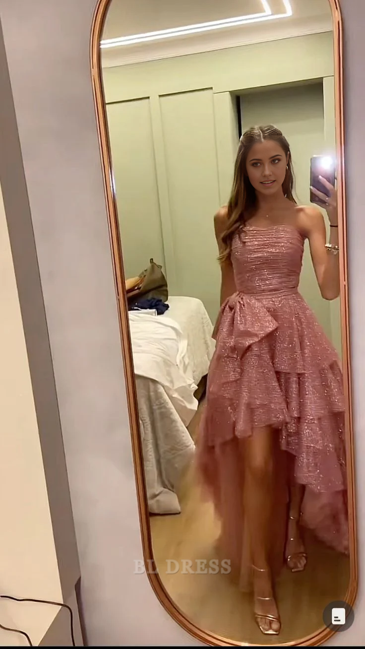 A-line Strapless Fancy High Low Pink Sequin Long formal dresses Bridesmaid Dresses evening gown Prom Dress